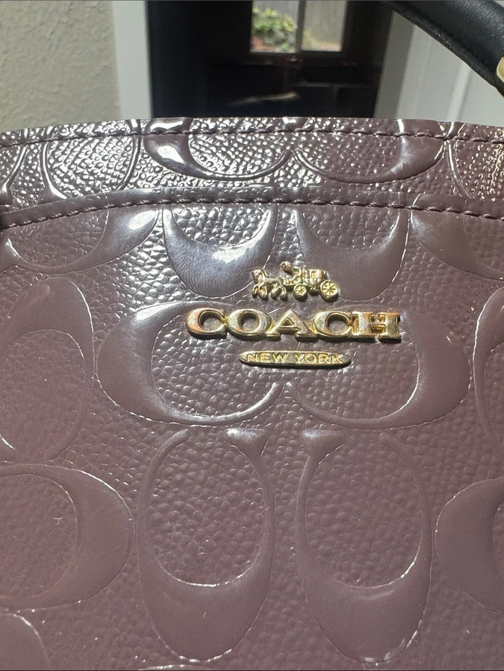 Coach Patent Leather Satchel in Deep Plum with Black Handles